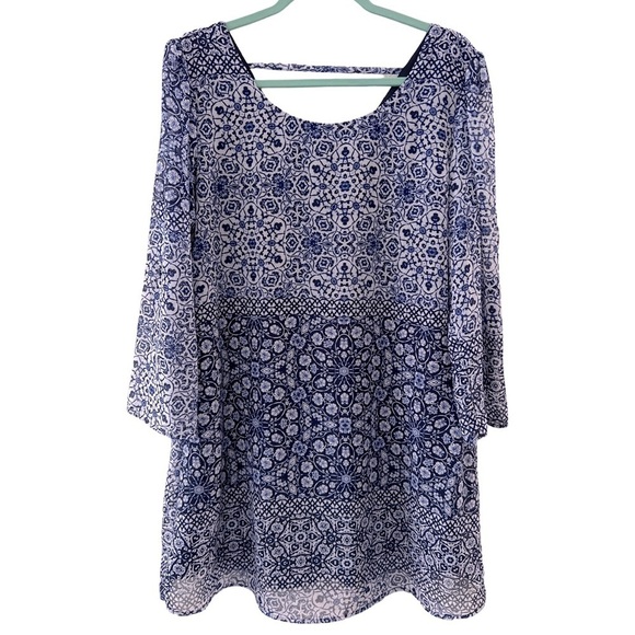 SPEECHLESS • Blue Geometric Floral Print Sheer Long Sleeve Dress - Picture 8 of 9